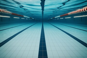 Underwater view of an empty swimming pool with lane dividers and tiled floor in clear blue water and ambient lighting effect. Ai generative.