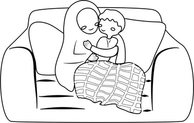 happy mother's day Illustration mom and kids coloring page