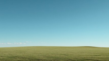 Fototapeta premium Ultra-minimalist composition of an empty park grassland, focus solely on the clean horizon line where the green field meets a soft blue sky. Serene simplicity.