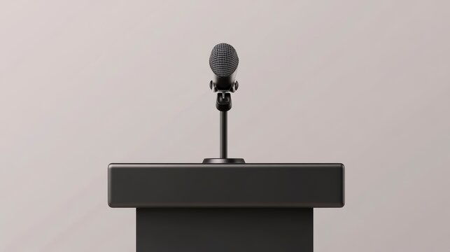 A black microphone on a podium against a light grey background.