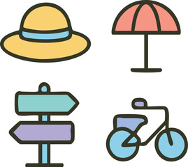 Summer Vacation Icons Hat Umbrella Signpost Bicycle.
