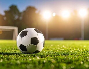 Fototapeta premium A soccer ball sits on a vibrant green field under bright stadium lights, ready for a game.