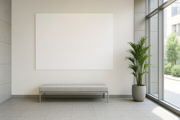 Bright Office Lobby with Bench and Blank Wall Poster