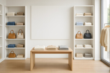Fashion Boutique Showroom Interior with Display Shelves and Table