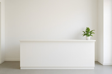 White Minimal Reception Counter with Small Plant on Corner