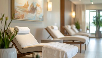 Premium Spa Lounge Decor with Comfortable Chairs, Serene Painting, and Elegant Tranquil Ambience for Wellness Retreat
