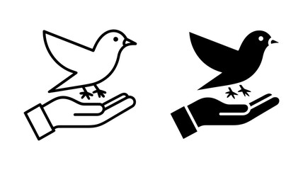 Fototapeta premium Hand holding bird, minimalist line art icon, peace and hope concept, black and white, vector illustration.