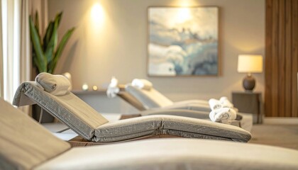 Elegant Spa Lounge Featuring Comfortable Seating and Calming Wall Art in a Tranquil, Peaceful, and Relaxing Atmosphere