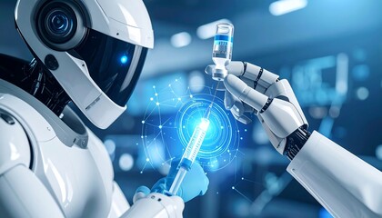 Robot Holding Syringe and Vial in Medical Lab Environment