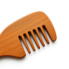 closeup brown wooden comb on a white background