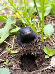 A little black mole that came out of its hole in the garden