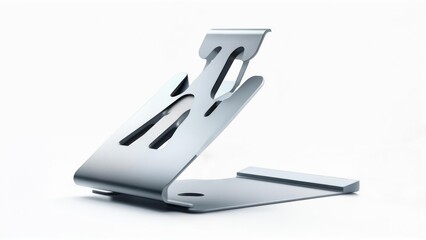 Sleek Silver Metallic Mobile Device Stand. Modern Desktop Holder for Smartphone and Tablet on White Background.