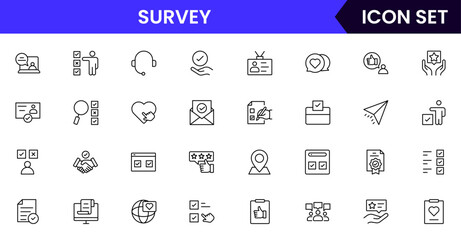 Fototapeta premium Survey vector line icons featuring questionnaires, check boxes, charts, data collection, feedback forms, analysis, polls, responses, and statistical insights.