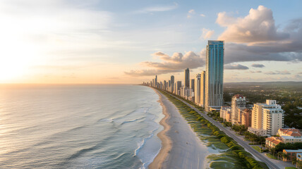 Golden light bathes a coastal cityscape with ocean views and modern architecture.