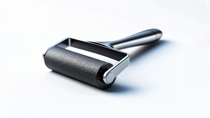 Textured Black Brayer Roller with Metallic Handle on White Background, Crafting and Printmaking Tool