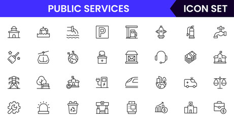 Public services vector line icons featuring healthcare, emergency, education, transportation, sanitation, government buildings, community support, utilities, and social welfare symbols.
