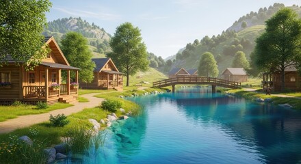 Fototapeta premium Mountain cabins overlook tranquil blue river landscape