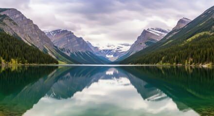 Fototapeta premium Mountain lake reflection with evergreen forest and peaks