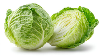 Fresh green cabbage whole and halved showing inside leaves
