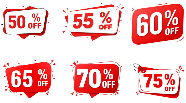 collection of bold discount labels ranging from 50% to 70% OFF in 5% steps, red promotional tags for digital marketing, retail clearance, online shopping, and sales graphics