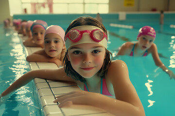 Children swimming class indoor pool young girl wearing goggles smiling water training group kids learning to swim aquatic sports childhood activity healthy lifestyle recreation fun exercise summer les