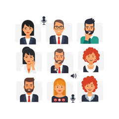 Nine diverse business people in profile views, some interacting with microphones or in thought.