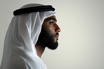 Middle Eastern man in traditional white kandura and black agal, side profile portrait with strong facial features, cultural identity expression, modern Arab fashion, isolated background, minimalist li