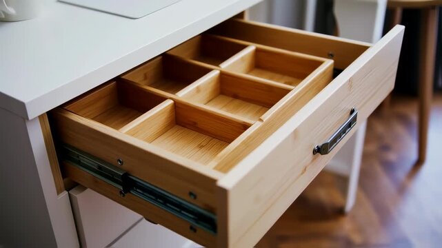 Open white desk drawer with a wooden compartment organizer for tidy storage and decluttering