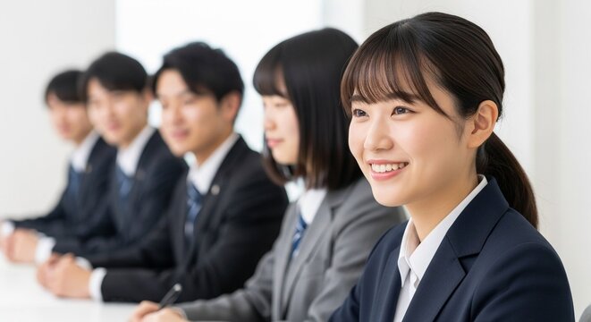 就職活動で集団面接に臨む学生たちの横顔