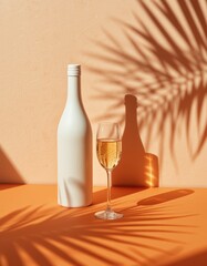 Sophisticated celebration still life: Champagne, bottle, tropical ambiance