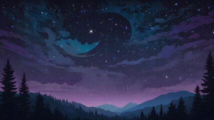 Moonlit Night Sky with Clouds and Stars