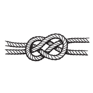 Hand drawn illustration of a nautical figure eight knot with textured rope on white background