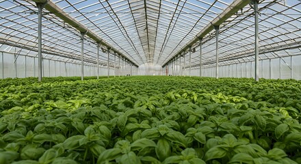 Green Basil Plants Growing in Greenhouse with Natural Light