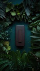 Minimalist object surrounded by lush foliage against a teal backdrop