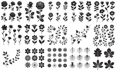 Collection of black and white floral elements including roses daisies and leafy vines designs