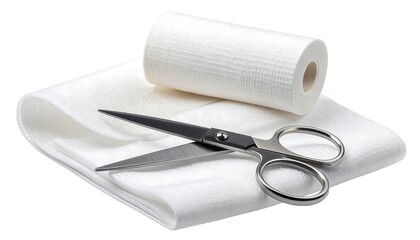 Rolled bandage, unfolded cloth, and shears on white background
