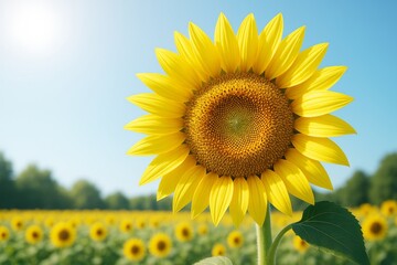 Naklejka premium Close-up of a vibrant sunflower in full bloom with a sunlit field of sunflowers in the background under a clear blue sky. Ai generative.