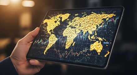 Hand holding tablet displaying golden world map with financial charts on a black background