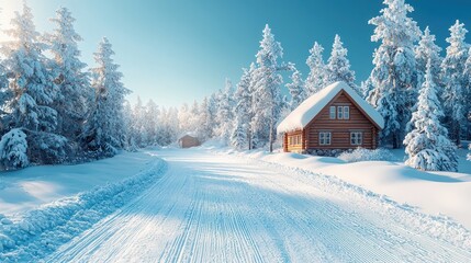 Winter landscape scene with cabin and snowy road