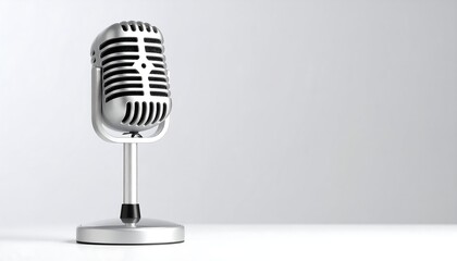 Silver vintage microphone on stand against a white background