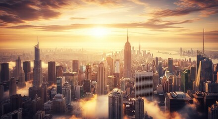 New York City skyline at sunrise with fog and sunlight