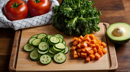 Fresh Salad Ingredients on Wooden Board