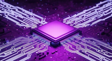 A close up of a purple computer chip with glowing white lines and a square center component visible