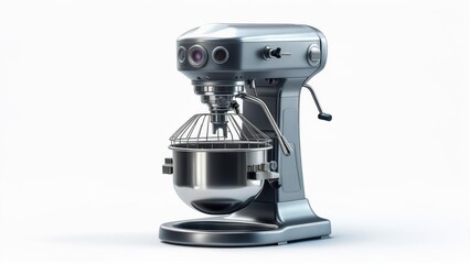 Modern Metallic Stand Mixer with Mixing Bowl and Whisk Attachment Isolated on White Background for Kitchen Baking