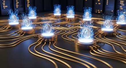 Cryptocurrency nodes with glowing coins and interconnected gold cables in a server room setting