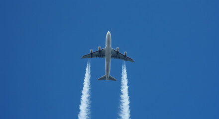 Airplane Flying Overhead with Contrails Against Blue Sky