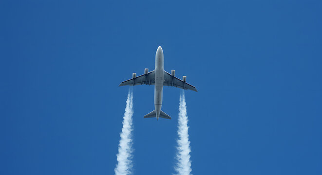 Airplane Flying Overhead with Contrails Against Blue Sky