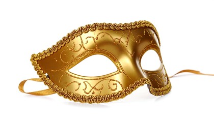 Ornate gold masquerade mask, elegantly designed with ribbons