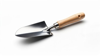 Shiny Metal Gardening Trowel with Wooden Handle on White Background