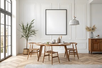 A dining room with a wooden table chairs and a blank frame hanging on the wall in a modern home decor